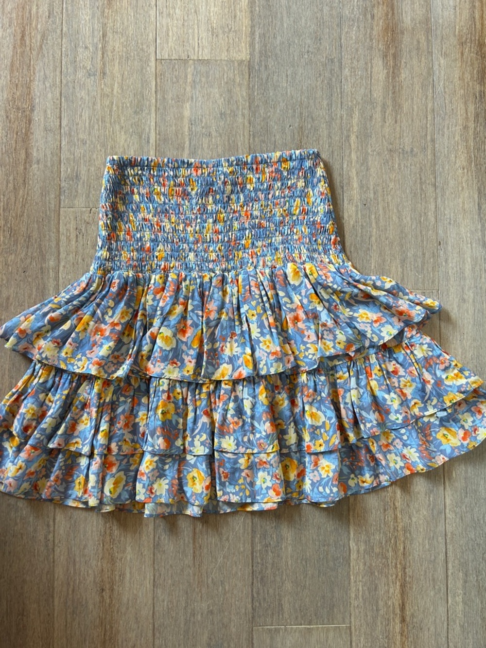 Gilner Farrar Floral Smocked Tiered Circle Mini Skirt in Blue Yellow size small